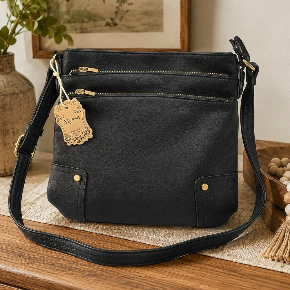 Alyssa Black Vegan Leather Crossbody Bag Multi Pocket Gold Hardware Classic